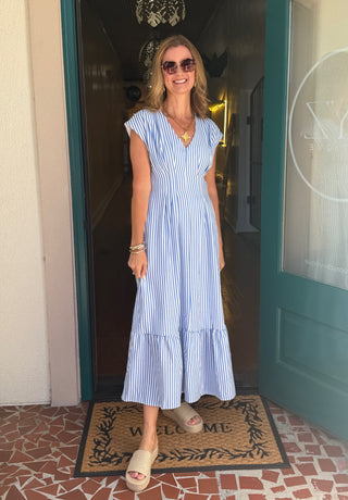 Pleated Back Smocked Waist Stripe Woven Maxi Dress