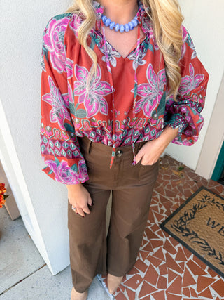Brick Floral Border Print Ruffled Neck Top