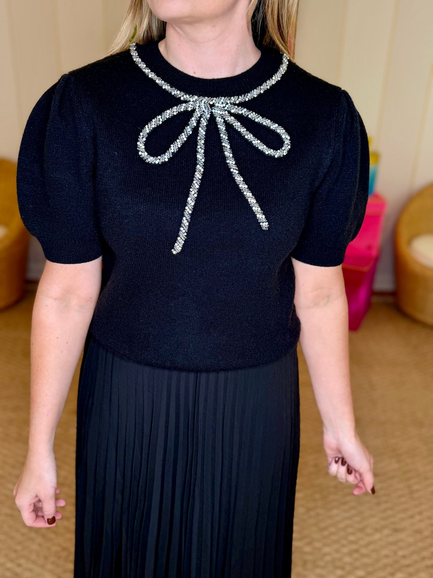 Half Sleeve Beaded Bow Sweater Top