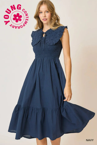 Navy Collared Smocked Midi Dress