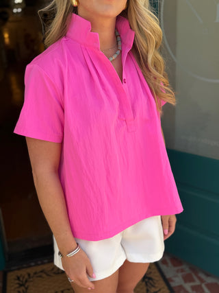 Pink Stand Collar Short Sleeve Shirt