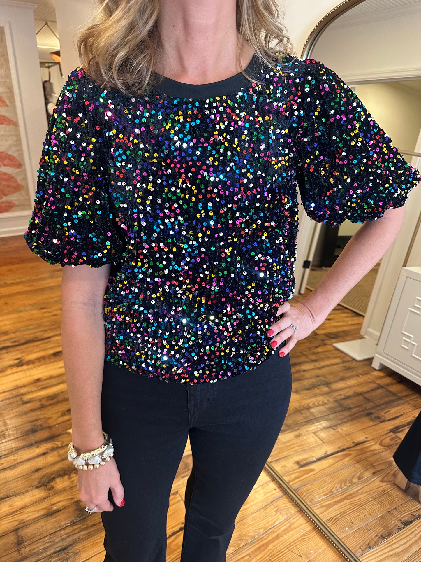 Round Neck Velvet Sequin Top