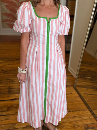 Striped Contrast Piping Detail Square Neck Dress