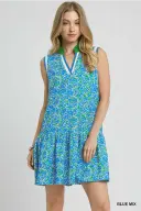 Blue and Green Floral Ruffle Collar Dress