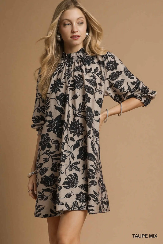 Two Tone Floral Smocked Neckline Mini Dress