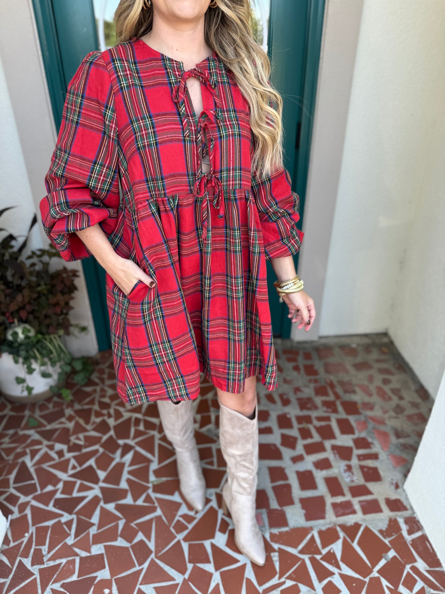 Checkered Plaid Front Tie Round Neck Dress