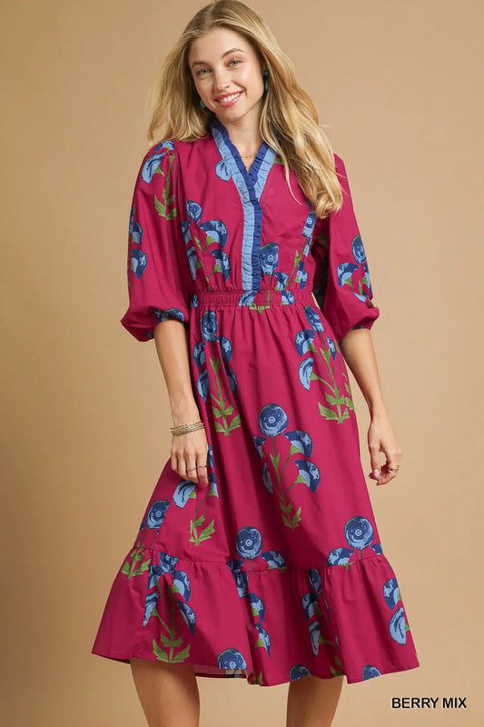 Berry Floral Midi Dress with Ruffle Trim