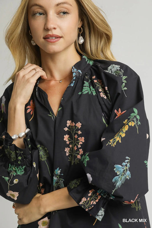 Black Floral Ruffle Neck Blouse