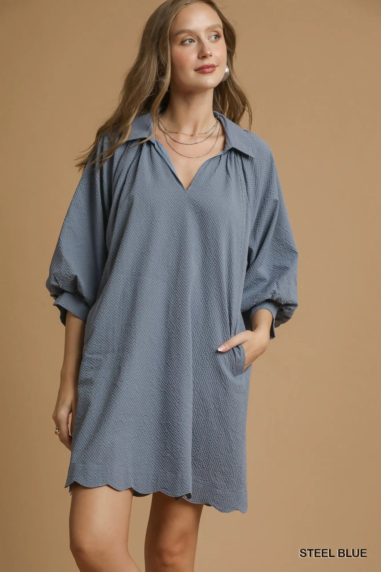 Split V-Neck Dress with Puff Sleeves Scalloped Hem