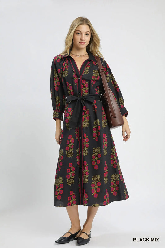 Black Floral Button-Front Maxi Shirt Dress with Waist Tie