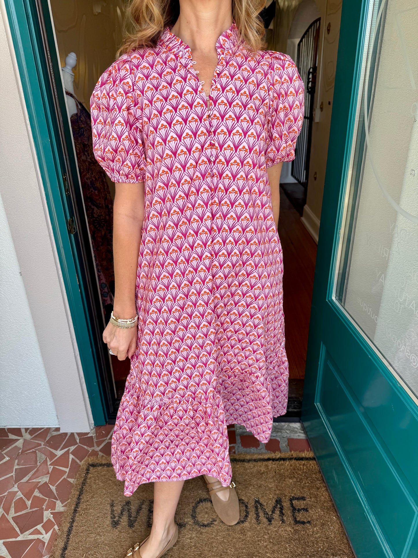 Pink Floral Print Ruffle Hem Midi Dress