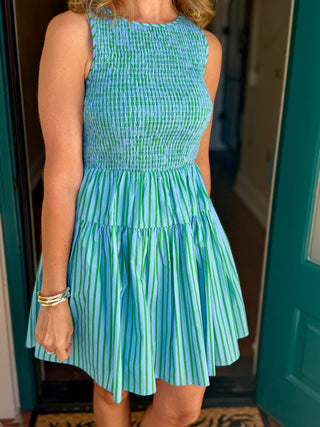 Blue and Green Smocked Bodice Dress