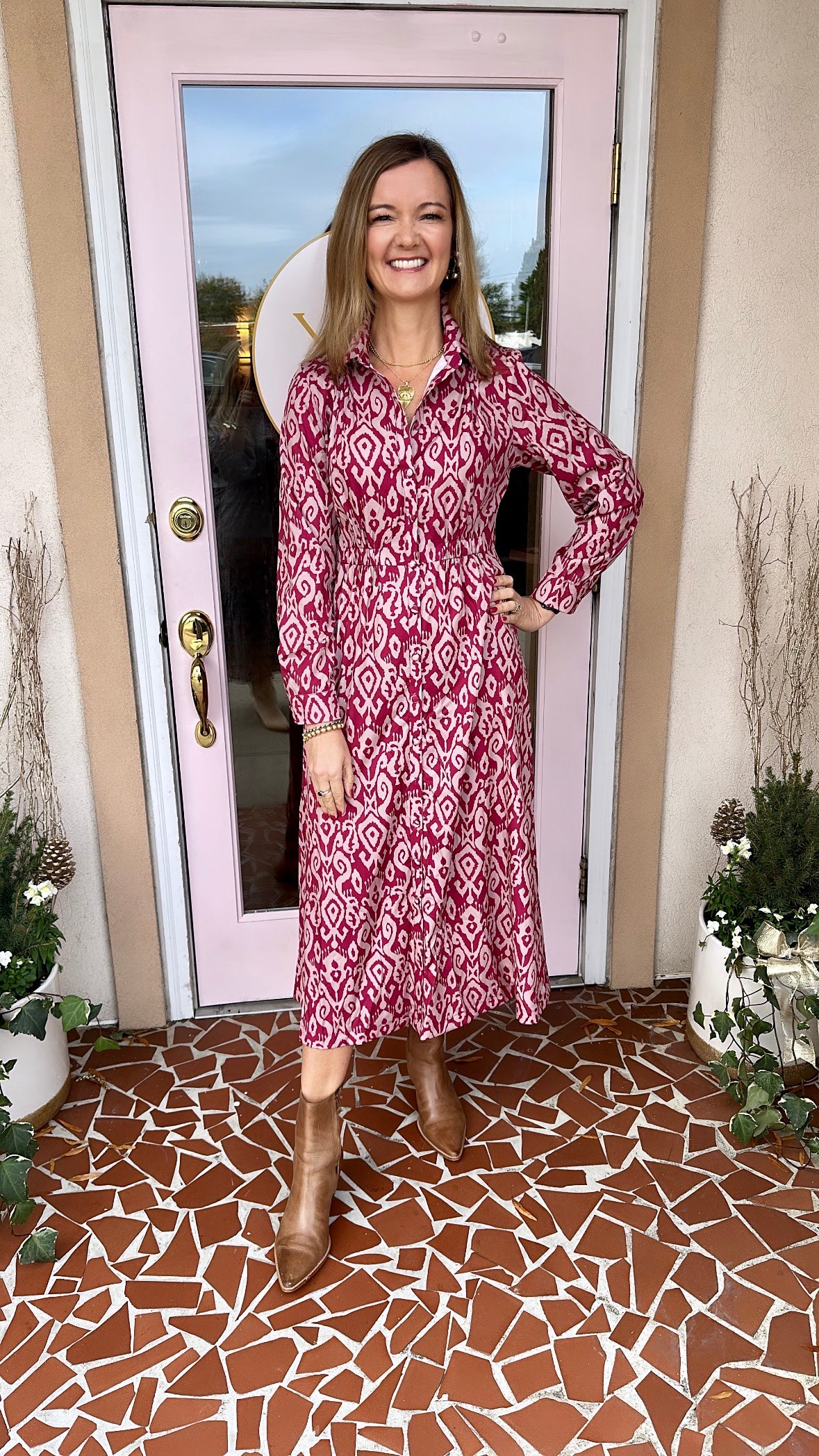 Raspberry Print Button Front Dress