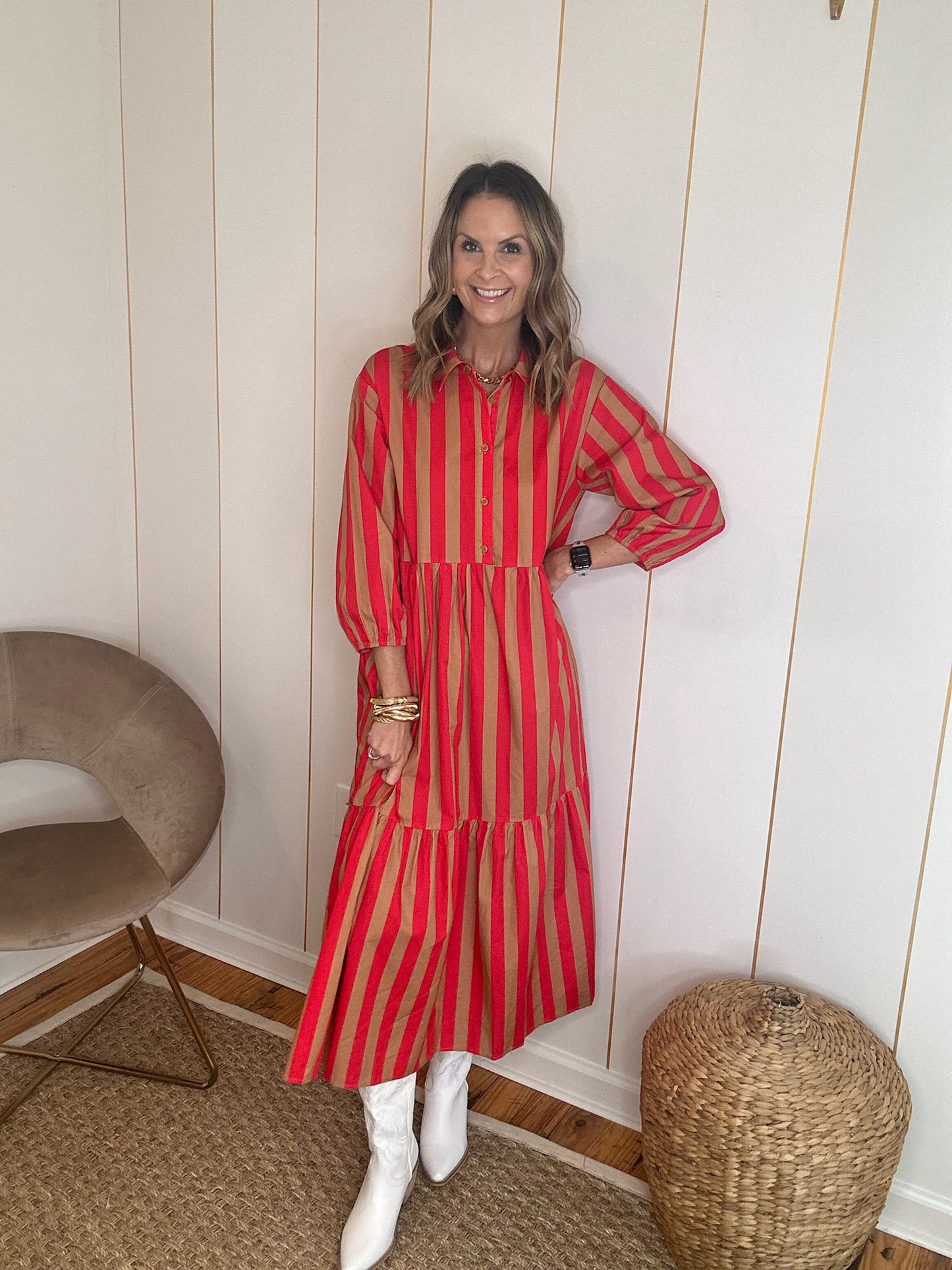 Red Striped Print Tiered Midi Shirt Dress