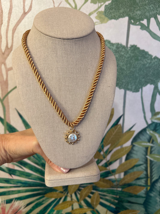 Gold Cord Pearl Pendant Necklace