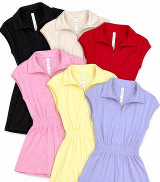 Butter Short Sleeve Quarter Zip Romper-Saturday Steal