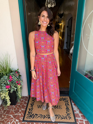 Floral Print Round Neckline Top & Skirt Set