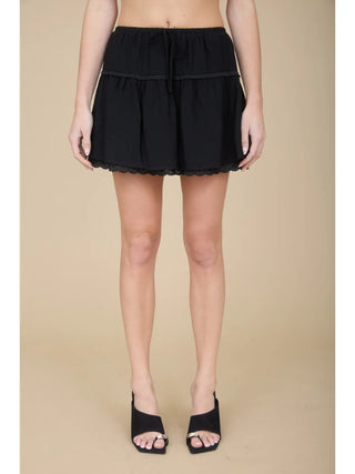Black Lace Trim Waist Tie Detail Mini Skirt