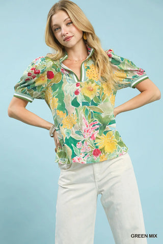 Green Floral Mix Blouse Top