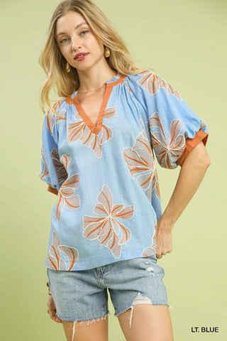 Blue Embroidered V Neck Top