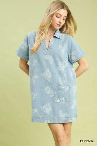 Denim Paisley Print Short Sleeve Dress