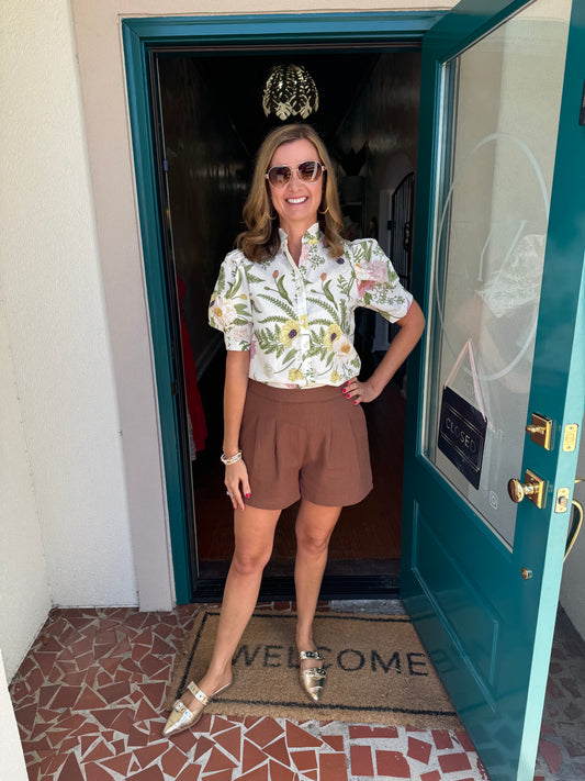 Cream Floral Ruffle Neck Top