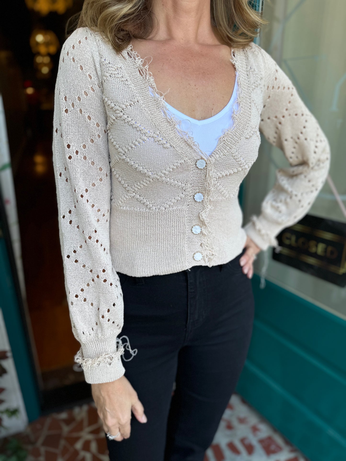 Cable Knit Cardigan With Frayed Edge