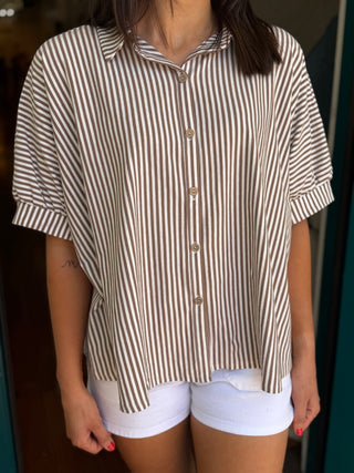 Mocha Striped Button Front Top