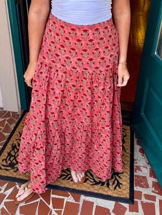 Block Printed Tiered Cotton Skirt-Coral