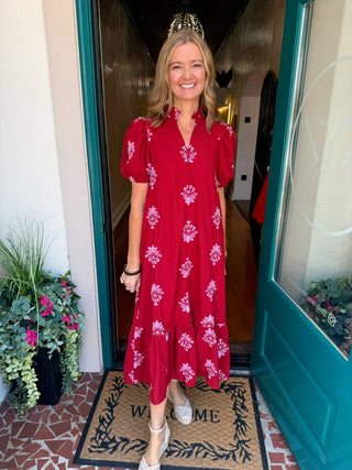 Botanical Embroidered Puff Sleeve Midi Dress