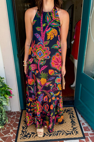 Black Floral Halter Neck Maxi Dress