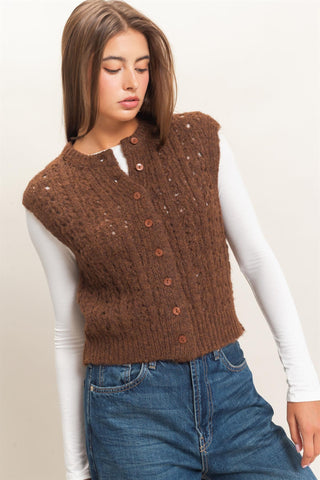Open Knit Sleeveless Button Front Sweater Vest