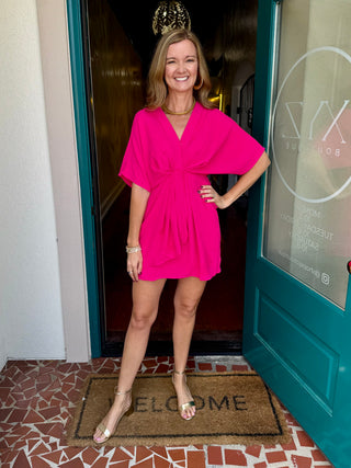 Batwing Sleeve Woven Ruched Front Dress