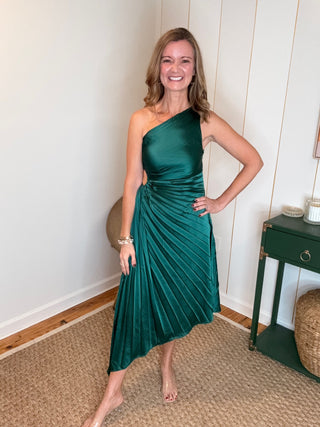 One Shoulder Pleated Asymmetrical Satin Dress