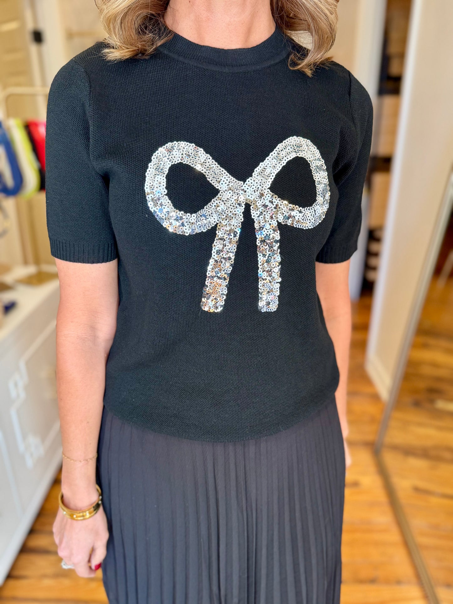 Black Sweater Knit Top With Sequin Ribbon Bow