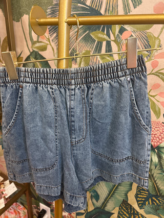 Elastic Waist Washed Chambray Denim Shorts