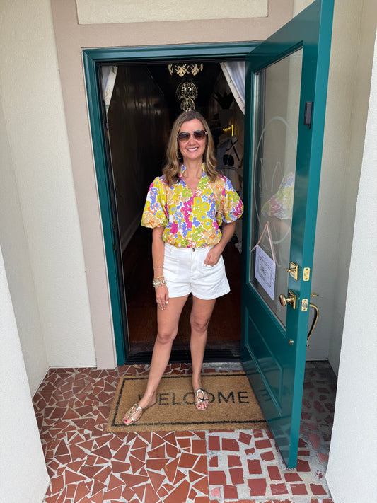 Smocked Collar Puff Sleeve Floral Top