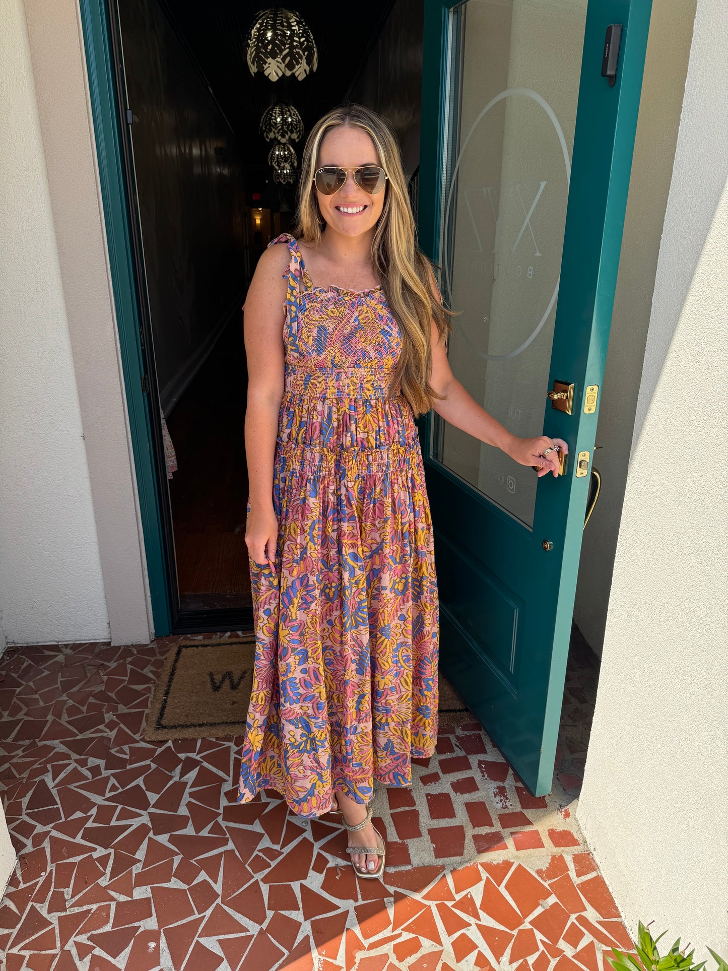 Smocked Bodice Tie Shoulder Strap Maxi Dress