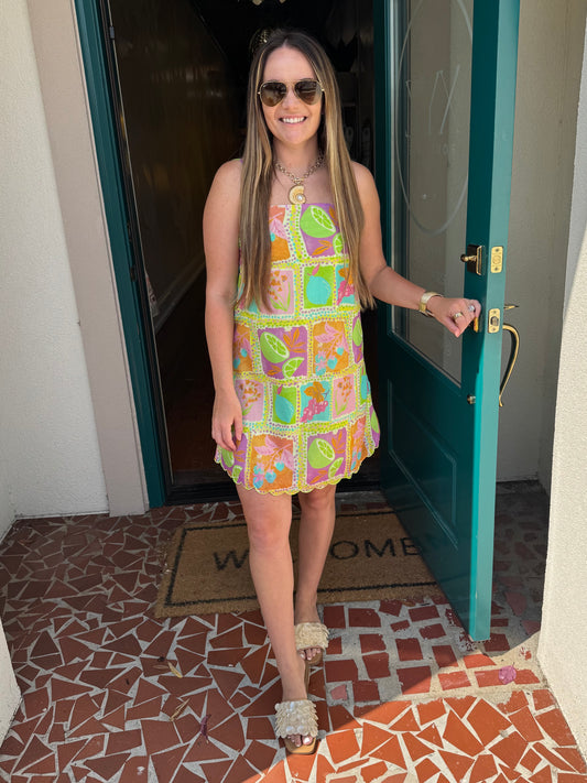 Tropical Mosaic Scalloped Detail Dress
