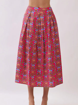 Side Zipper Pleated Detail Floral Midi Skirt