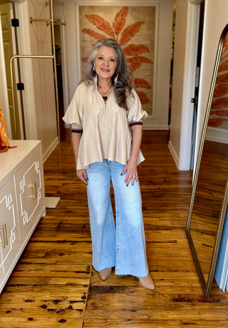 Taupe Mock Neck Band Puff Sleeve Blouse