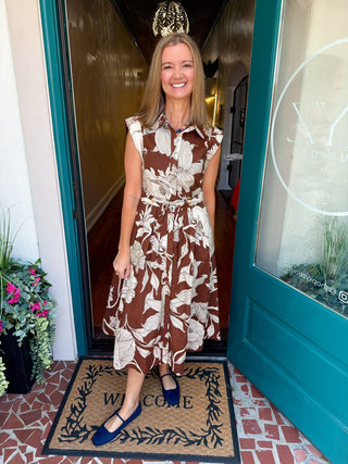 Floral Sleeveless Waist Tie Midi Dress