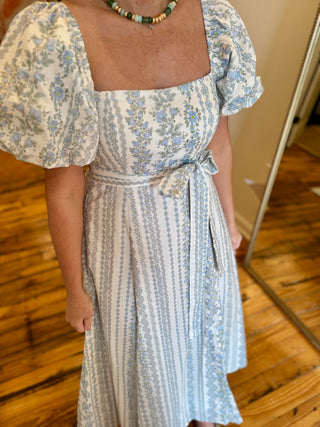 Blue Floral Print Puff Sleeve Midi Dress