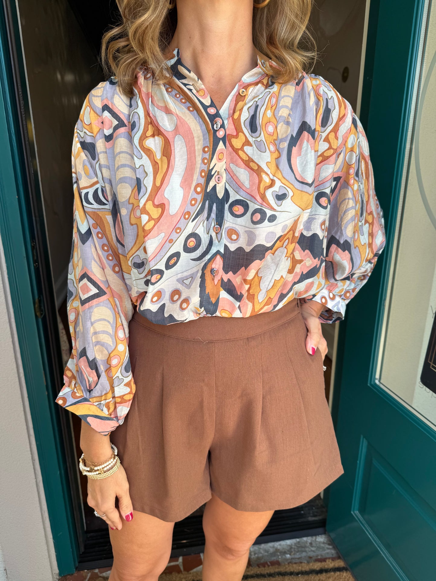 Printed Loose Fit Button Down Blouse