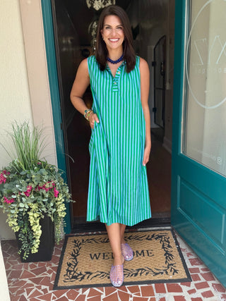 Striped Stand Collar Midi Dress