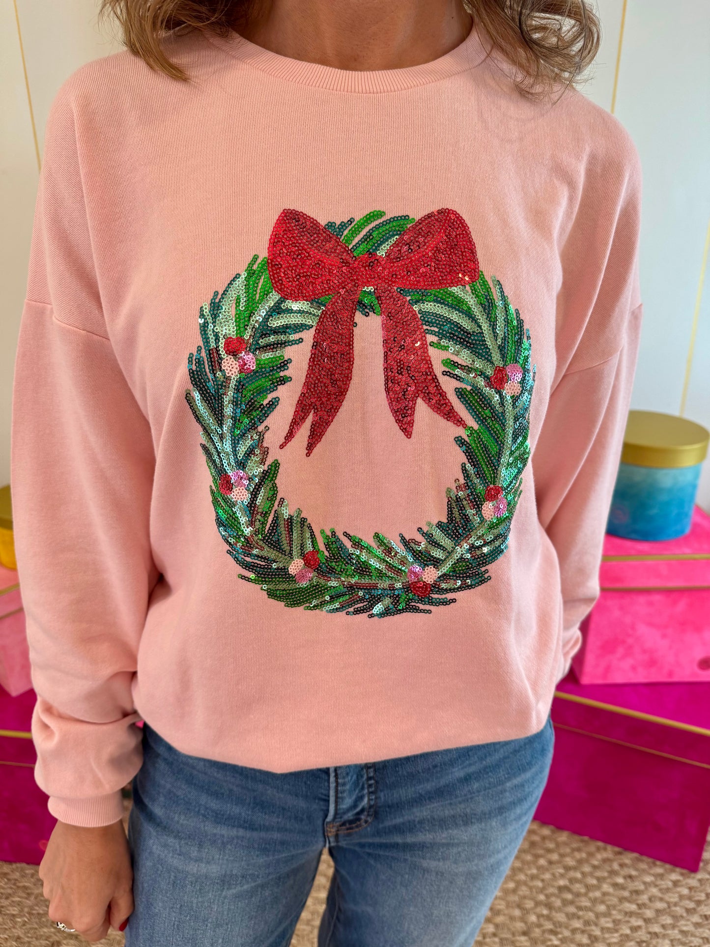 Pink Clara Wreath Sequin Sweatshirt