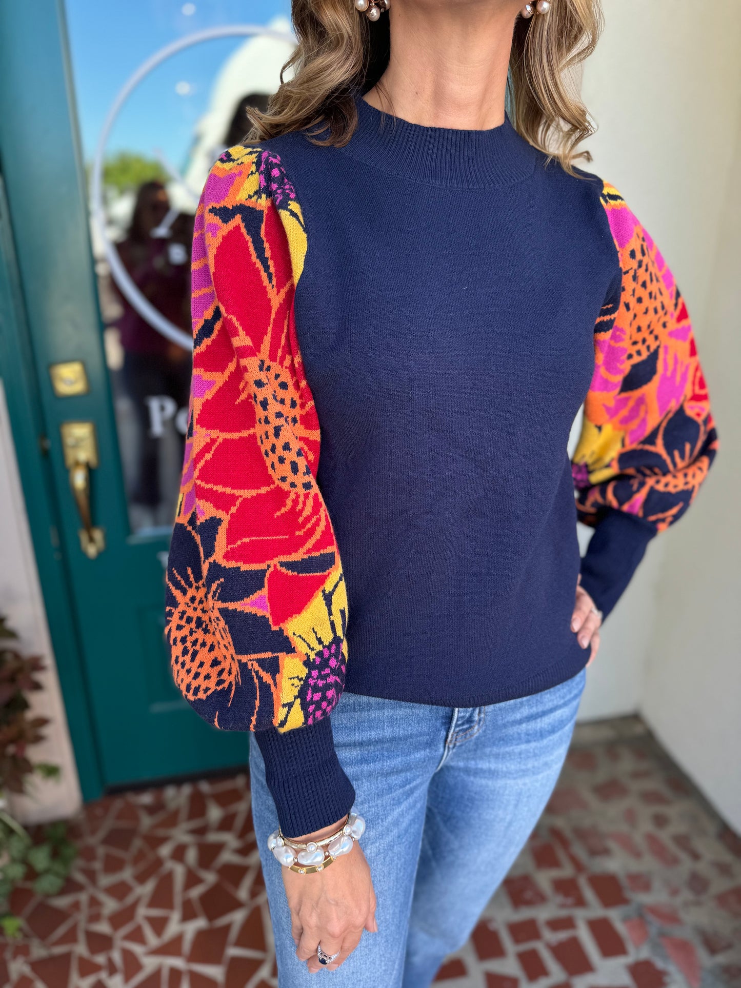 Navy Point Flower Print Knit Pullover