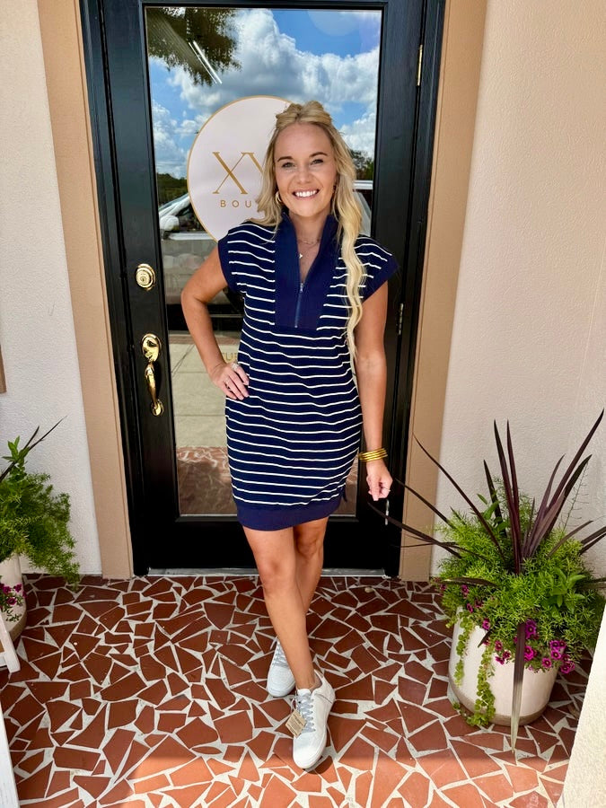 Navy Striped Half Zip Dress