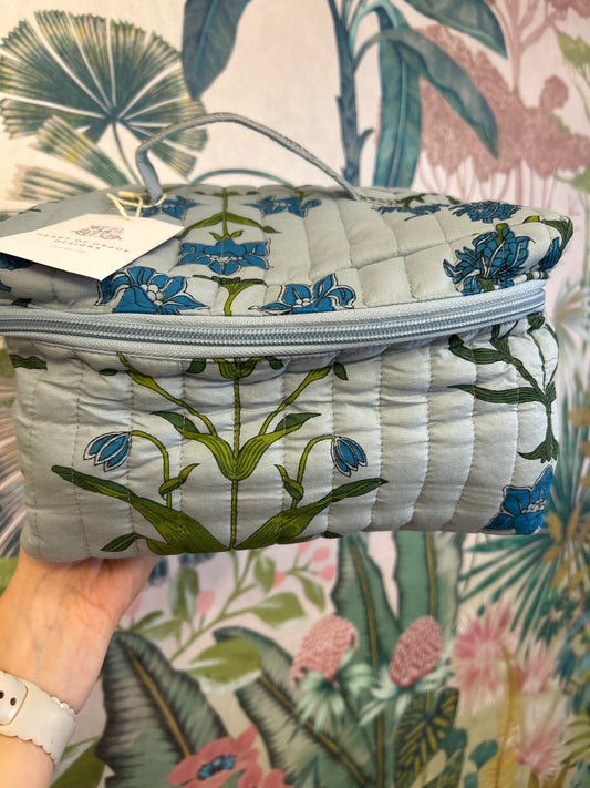 Large Blue Floral Quilted Cosmetic Bag