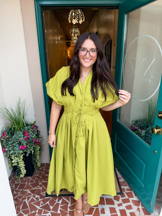 Pleated Waist Tie Flare Midi Dress